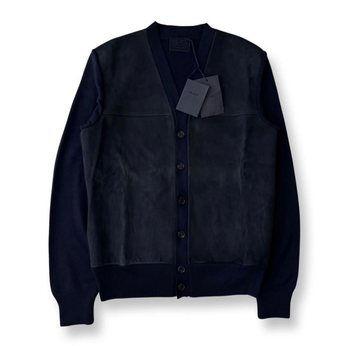最高級 PRADA lether patch knit cardigan 50 レザーパッチ 最高級 PRADA lether patch knit cardigan 50 レザーパッチ
