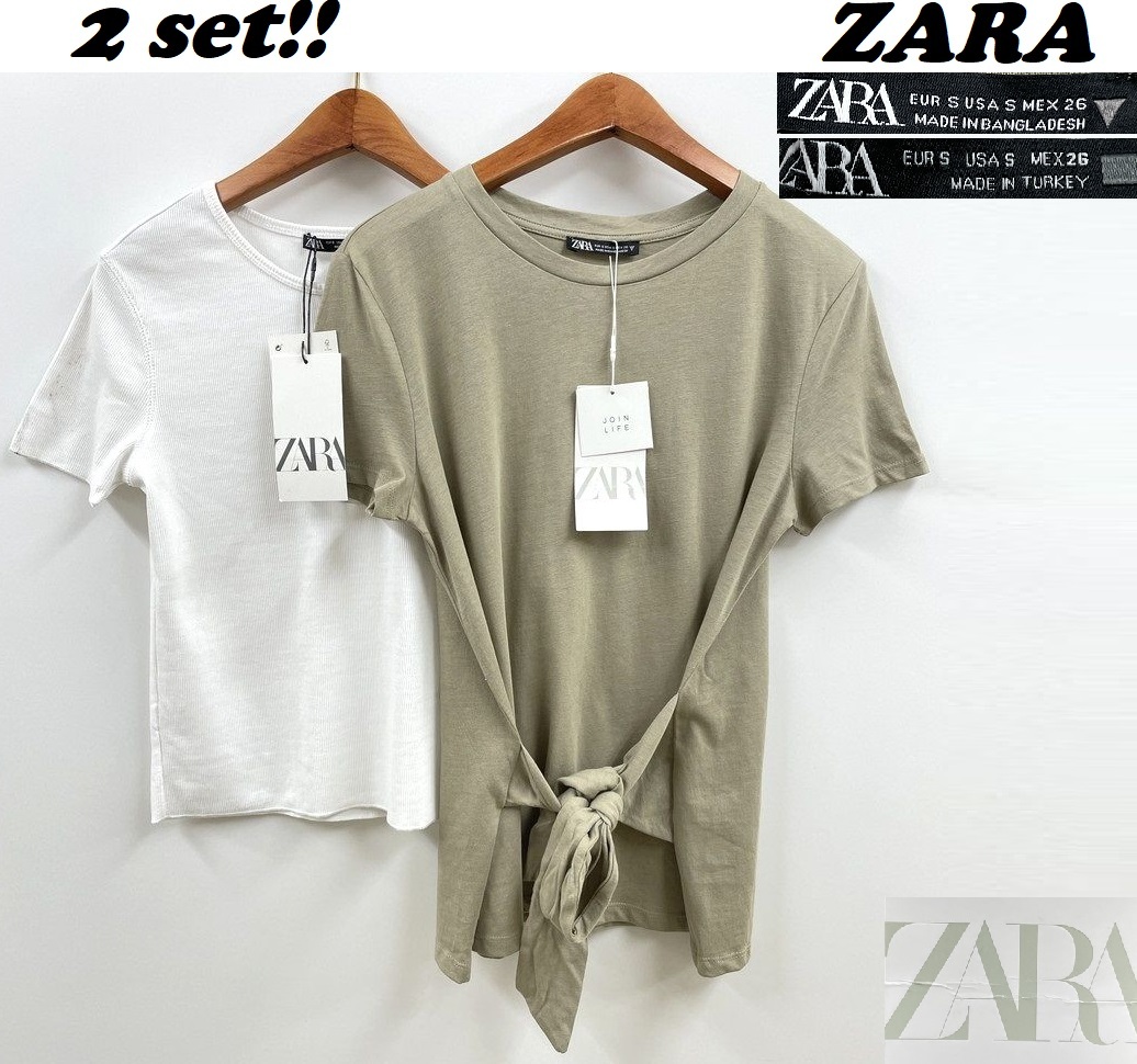 2セット 未使用品 /S/ ZARA ホワイト カーキ 半袖Tシャツ レディース タグ カジュアル トップス 通勤リボンボタン大人可愛い デイリー ザラ