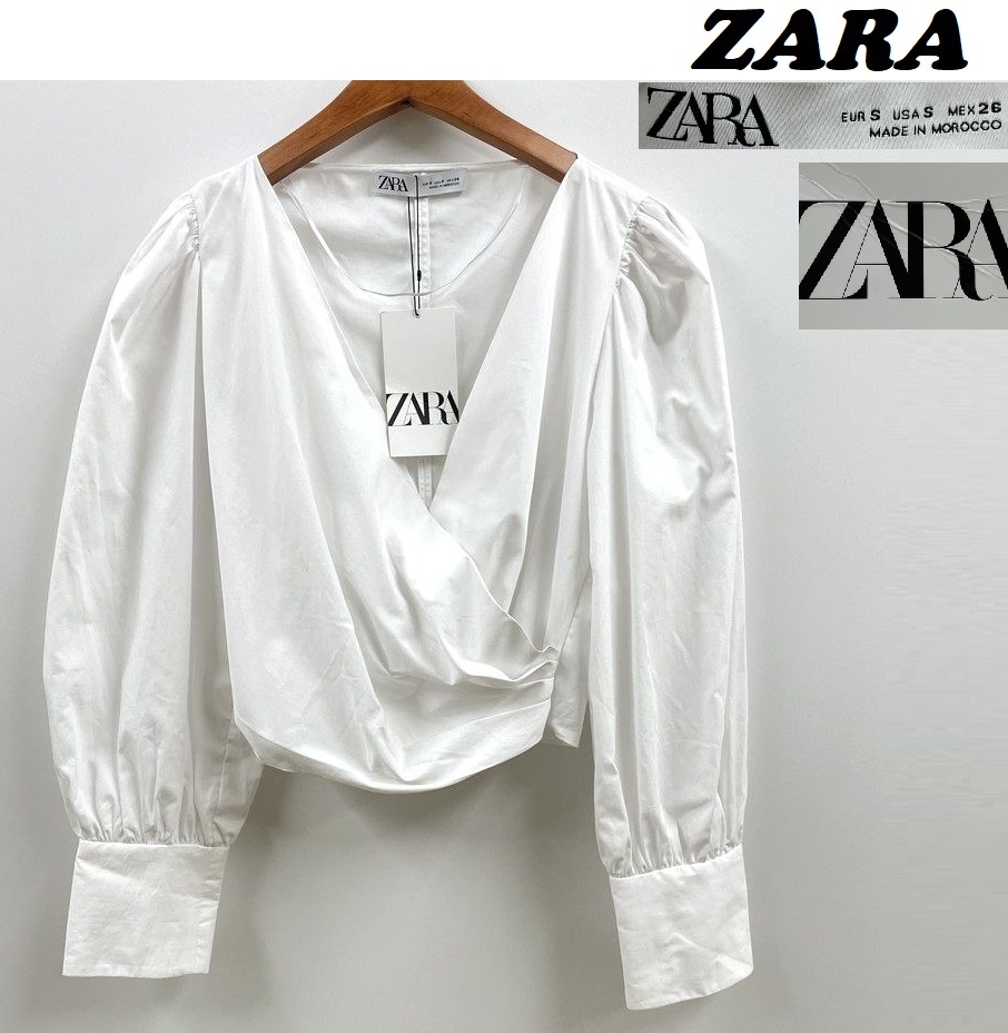 未使用品 /S/ ZARA ホワイト プリーツクロップドブラウス 長袖 レディース タグ カジュアル トップス フェミニン 大人可愛い デイリー ザラ_画像1