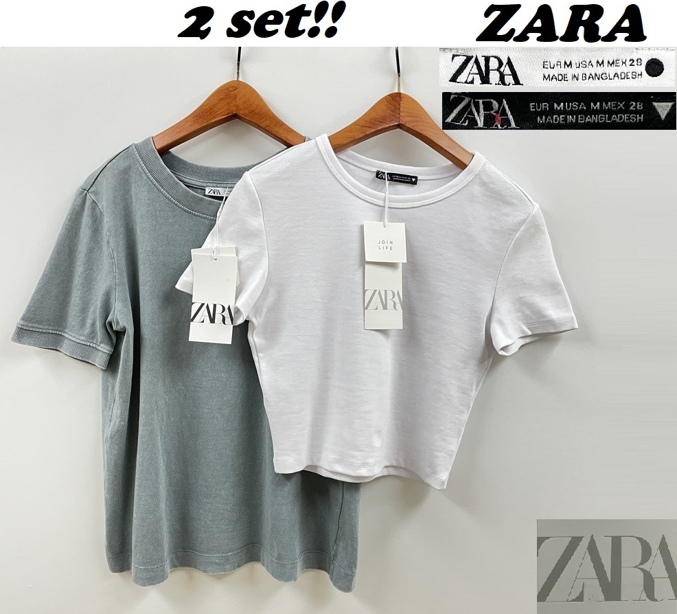 ザラ　ZARA　Tシャツ 半袖　カットソー　クロップド丈　白　綿　かわいい