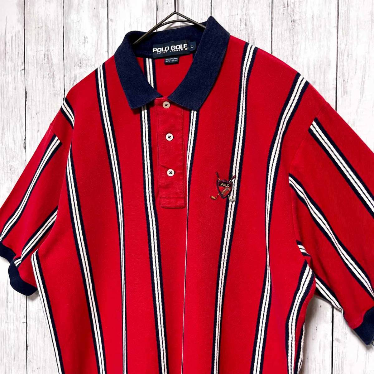 ポロゴルフ ラルフローレン Ralph Lauren POLO GOLF ストライプシャツ ポロシャツ 半袖シャツ メンズ ロゴ コットン100% Lサイズ 3‐441_画像3
