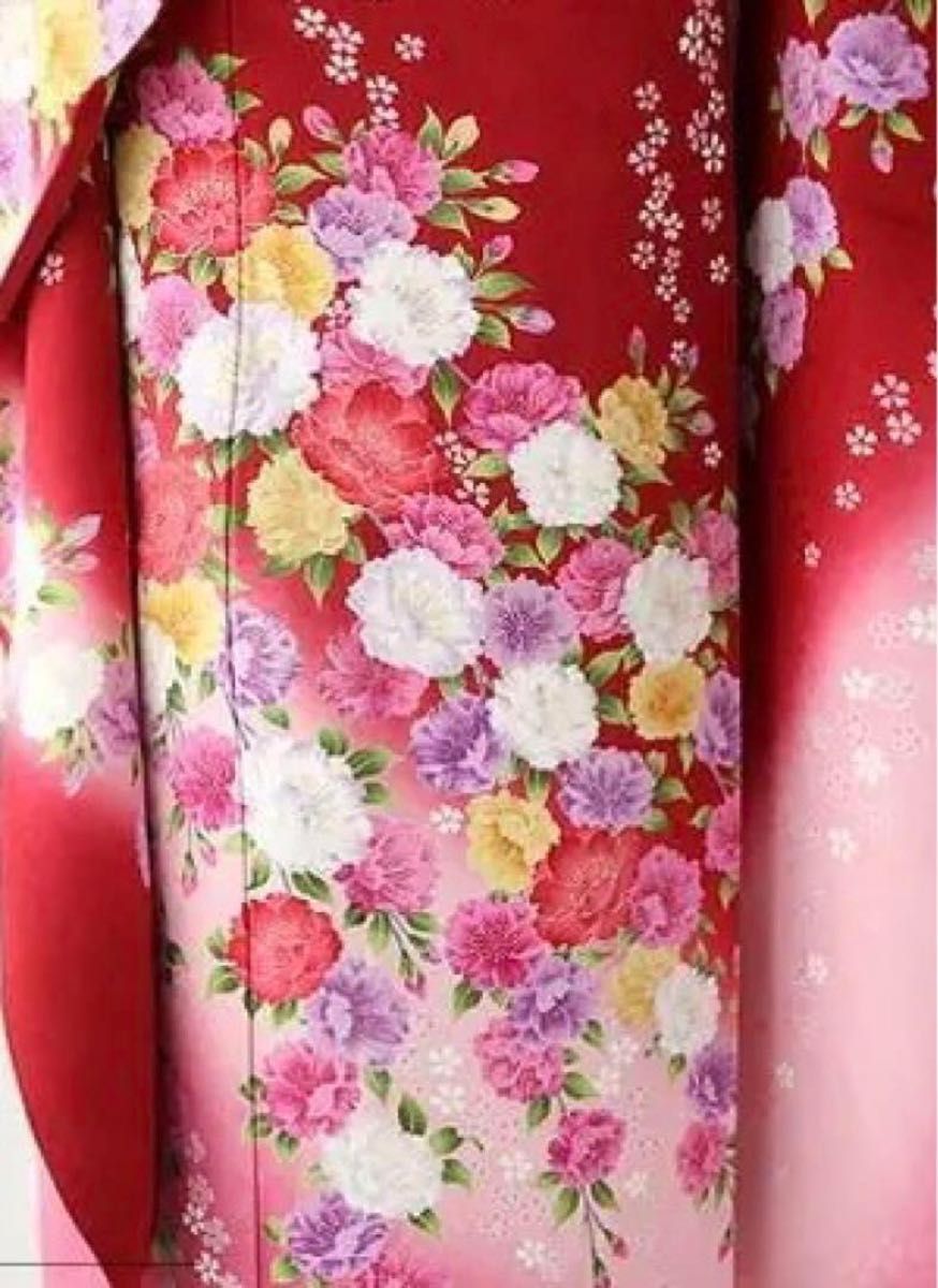 新品超美品 振袖 フルセット セット 正絹　可愛い赤ピンク黄色紫の牡丹 成人式
