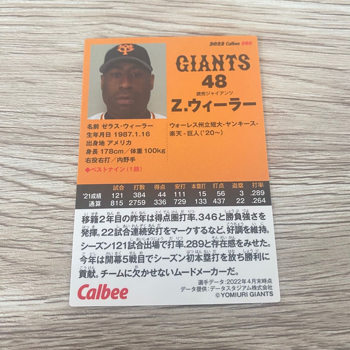 カルビープロ野球チップスカード 野球カード　巨人　読売ジャイアンツ　Z.ウィラー選手