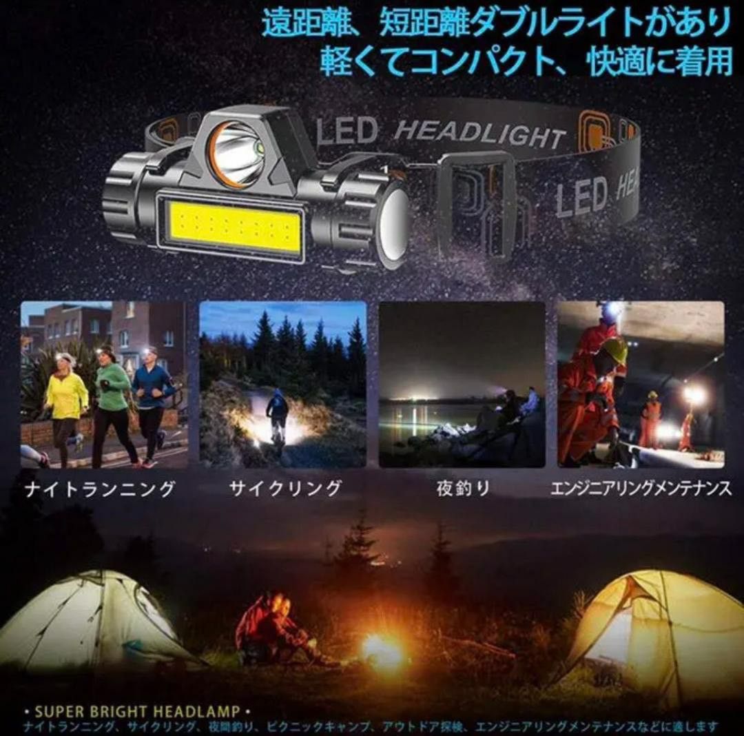 役立つ！LEDヘッドライト USB充電式 90°回転 キャンプ 夜釣り 登山