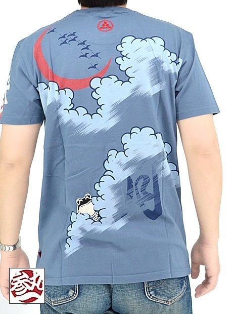 花鳥風月半袖Tシャツ ◆参丸一 ブルーLサイズ ST-80014 和柄 和風 蛙 かえる カエル さんまるいち