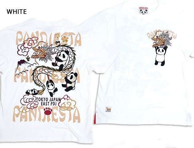 熊猫ドラゴンTシャツ◆PANDIESTA JAPAN ホワイトLサイズ 523214 パンディエスタジャパン パンダ 和柄 刺繍 龍 竜