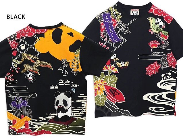 熊猫こいこい半袖Tシャツ◆PANDIESTA JAPAN ブラックLサイズ 523213 パンディエスタジャパン パンダ 刺繍 和柄