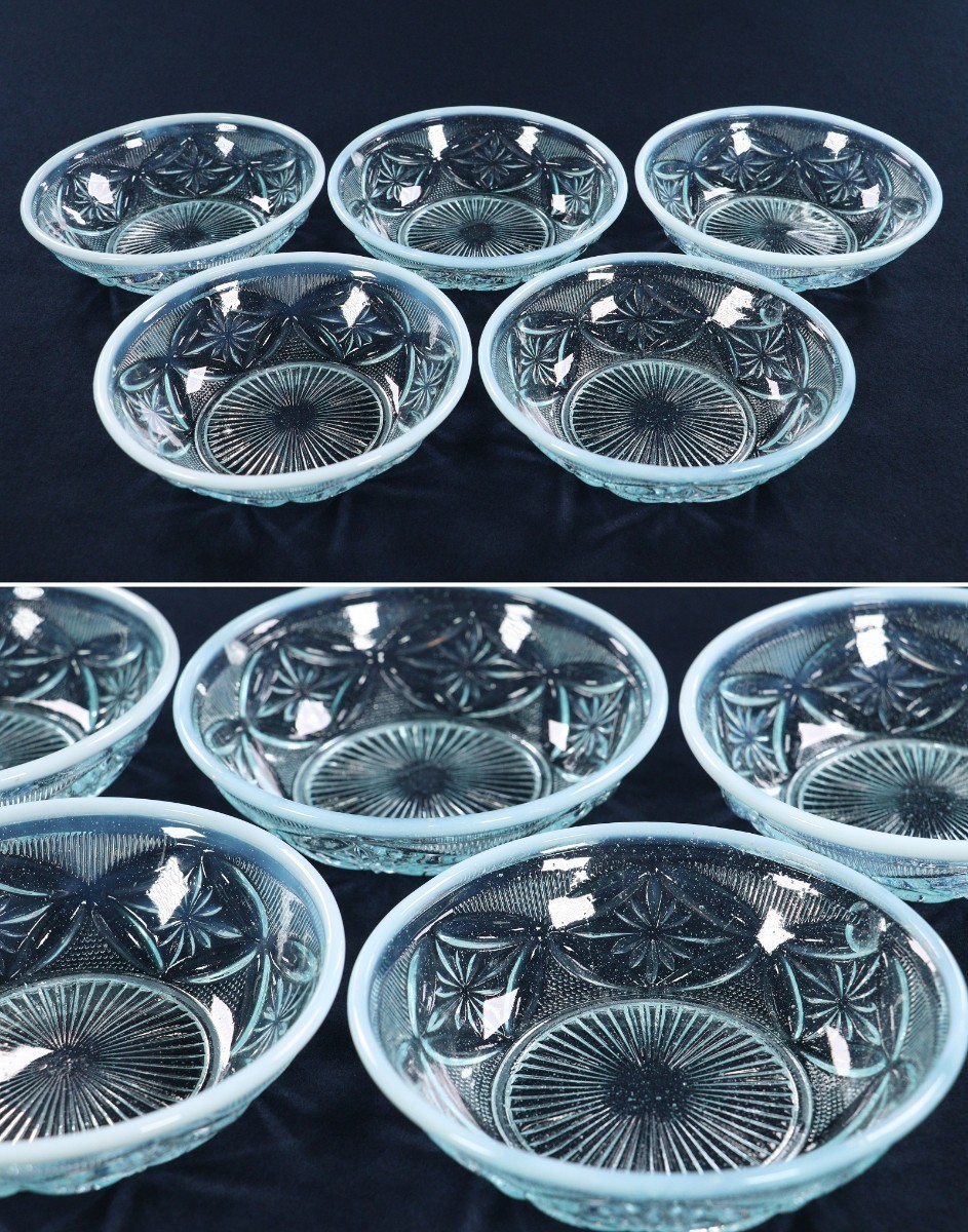 CE91 明治大正昭和レトロ 乳白プレスガラス 5客 青 小鉢氷カップ