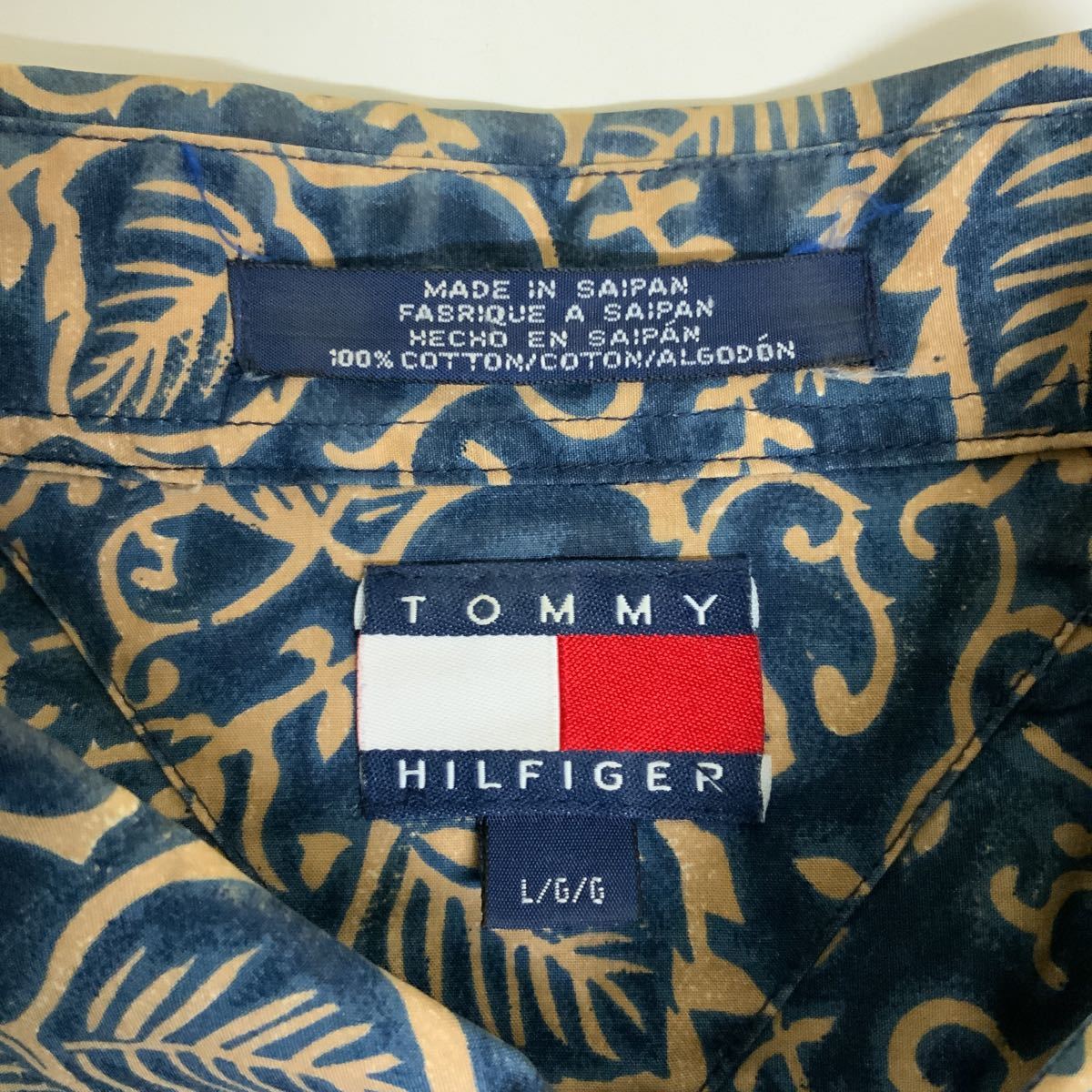 TOMMY HILFIGER トミーヒルヒガー総柄半袖ボタンダウンシャツ古着メンズL_画像3