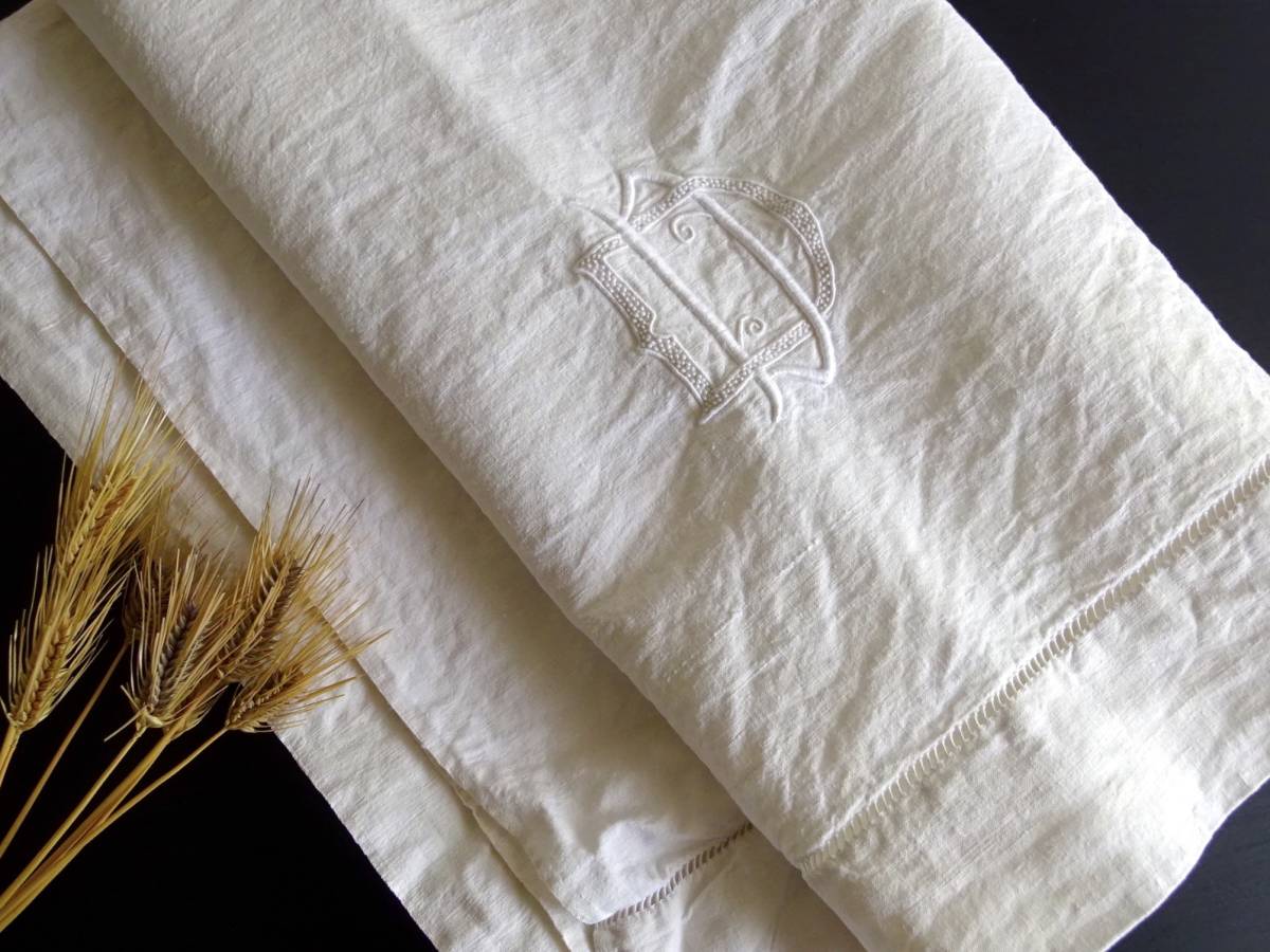 19世紀 フランス クロス リネン 204cm×100.5cm 刺繍 布材 縫製 古布 民藝 工藝 フレンチリネン 服飾 半物 テキスタイル アンティーク 2