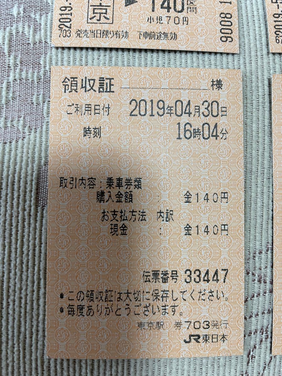 希少...平成最後の日と令和最初の日のJRの切符未使用2枚　東京駅発　(領収書付き)