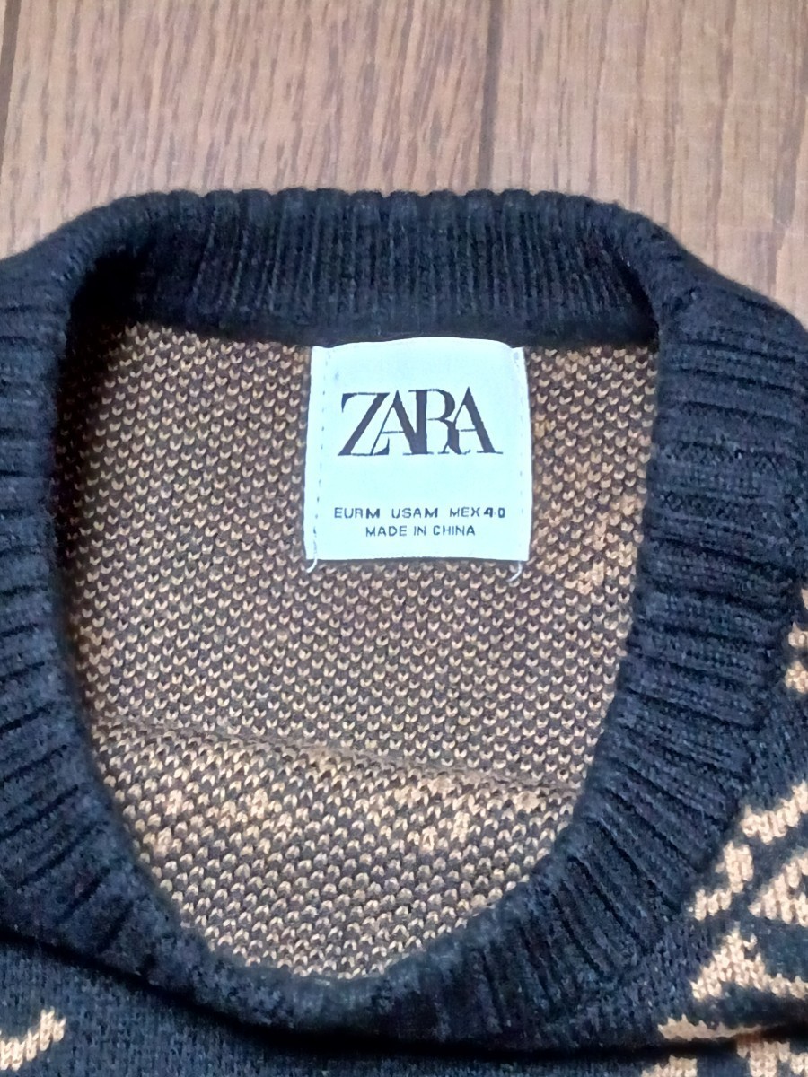 【中古品】ZARA　ザラ　丸首　モノグラム ニット セーター　ブラック　レディース　USA　サイズ　M