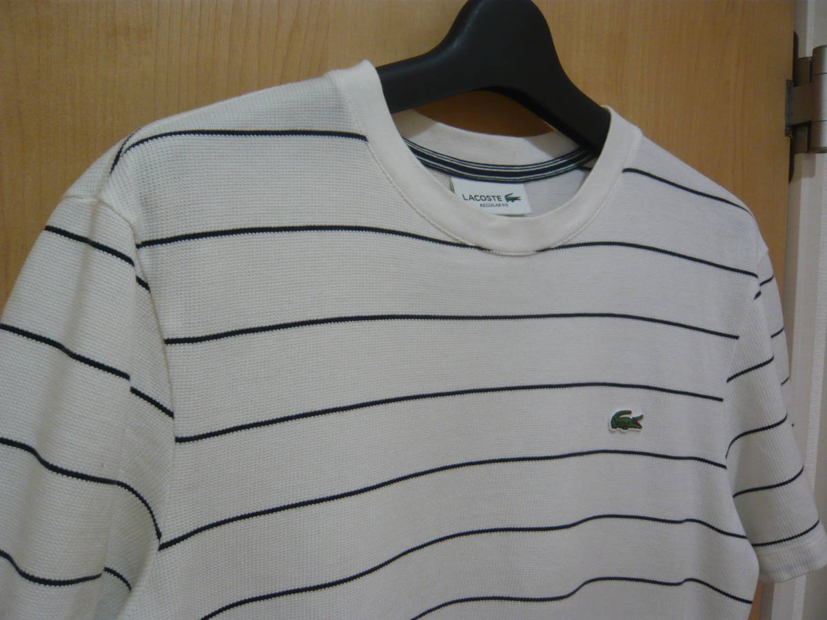 LACOSTE ラコステ 胸刺ロゴ クルーネック ラインボーダー ニットTシャツ サマーニット 白×紺 メンズ3(JPメンズM) 状態良_画像3