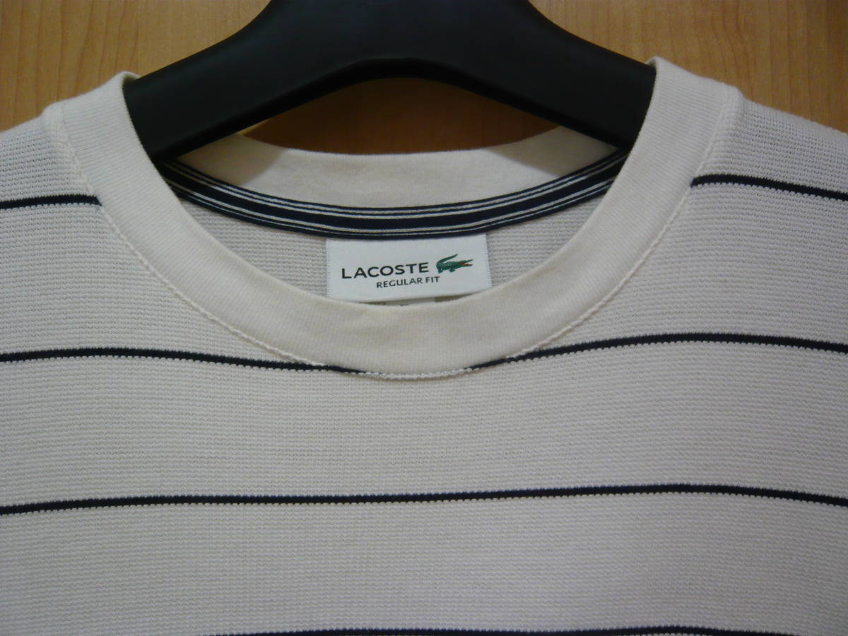 LACOSTE ラコステ 胸刺ロゴ クルーネック ラインボーダー ニットTシャツ サマーニット 白×紺 メンズ3(JPメンズM) 状態良_画像4