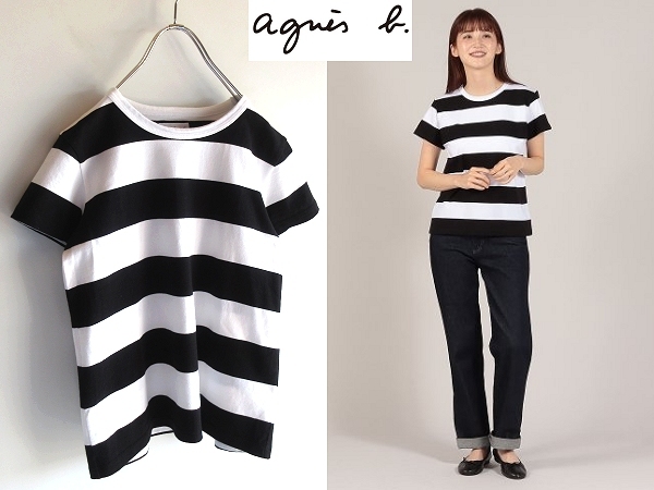 ネコポス対応 agnes b. アニエスベー J019 TS コットン 太ボーダー柄 Tシャツ 半袖 カットソー T1 ホワイト ブラック 白 黒 日本製_画像1