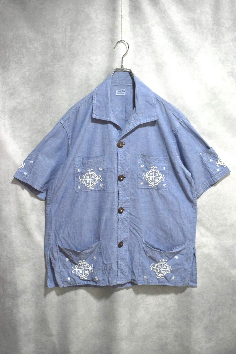【 Hand made 】60s ~ 70s シャンブレー 6ポケット シャツ ジャケット / size L / 60年代 70年代 ハンドメイド ハイチ カリブ海