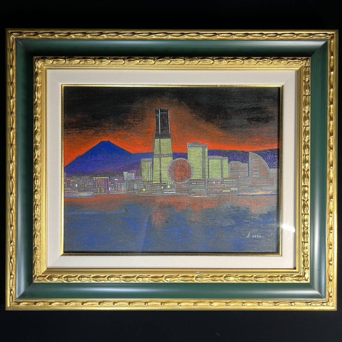 真作 佐藤修一 『横浜』 油彩画 6号 豪華額装入 夜景 極美品 (検
