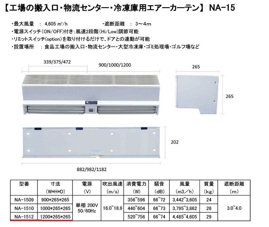 ■セギジャパン　産業用送風機 NA-1512B　業務用 エアーカーテン 単相200V　50-60Hz　店舗スーパーレストラン事務所工場などに【C0605W12】_画像10