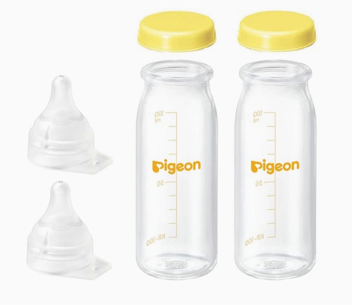 Pigeon《ピジョン》母乳実感（病産院用哺乳瓶）直付け哺乳瓶 100ml（イエロー）5本セット（蓋付き）乳 首4つ／一般新生児