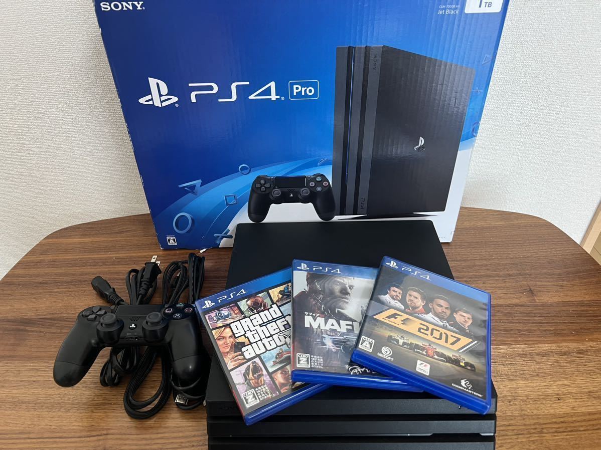 ☆1TB SSD換装済！！☆ 動作確認済 PS4 Pro ジェットブラック PlayStation4 Pro SONY CUH-7000B  中古ソフト3本セット！