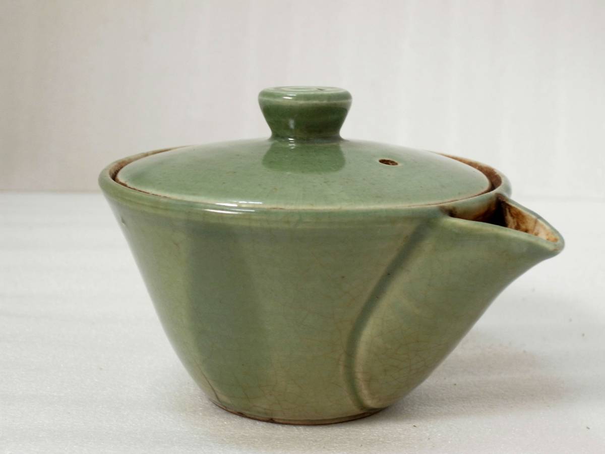 16◎時代 遠州七窯 京 朝日焼 青釉 搾出 宝瓶 茶注 煎茶道具(茶道具