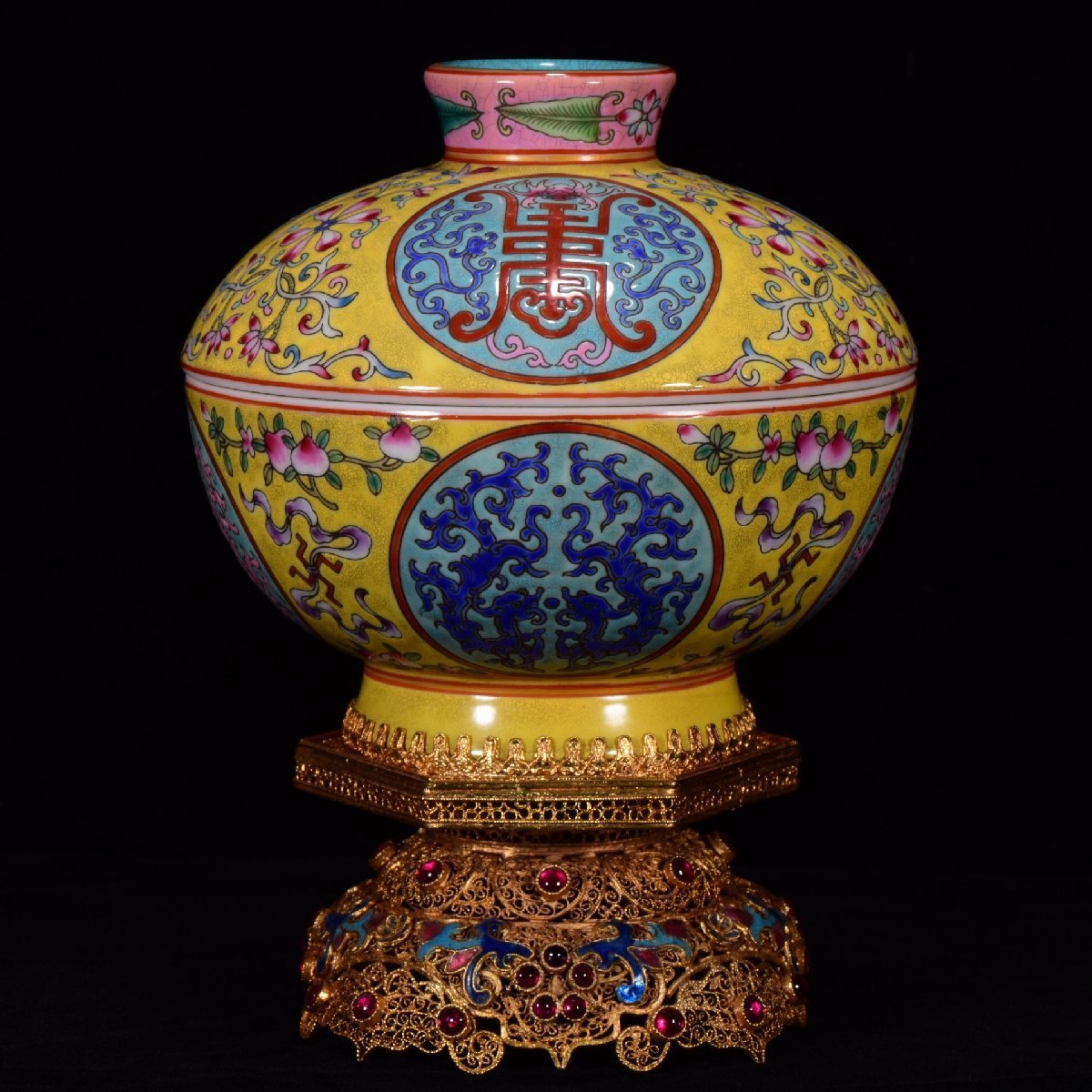 古物坊中国唐物 大清乾隆年製 粉彩福壽紋寶石蓋罐 擺件 置物 古唐瓷