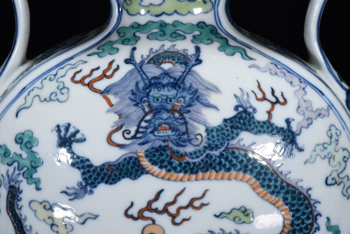 古物坊】中国唐物 清 乾隆年製 鬥彩龍紋如意葫蘆扁瓶 擺件 置物 古唐瓷