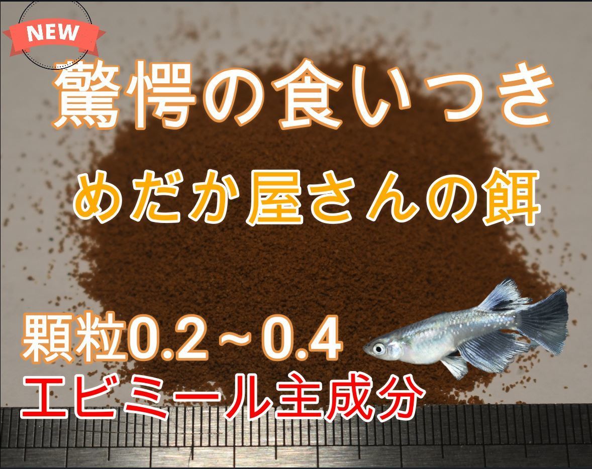 【新発売】驚愕のくいつき　めだか屋さんの餌　100ｇ　サイズ 0２～0.４ｍｍ　メダカ　タナゴ　ベタ　グッピー　小魚 　えさ　エサ_画像1