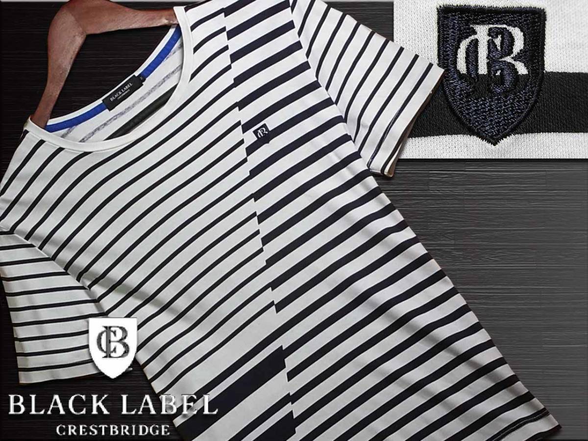 【 新品 】 美品！アシンメトリー　MIXボーダー　Tシャツ　エンブレム刺繍　Mサイズ▼ブラックレーベルクレストブリッジ　BLACK CRESTBRIDGE LABEL トップス