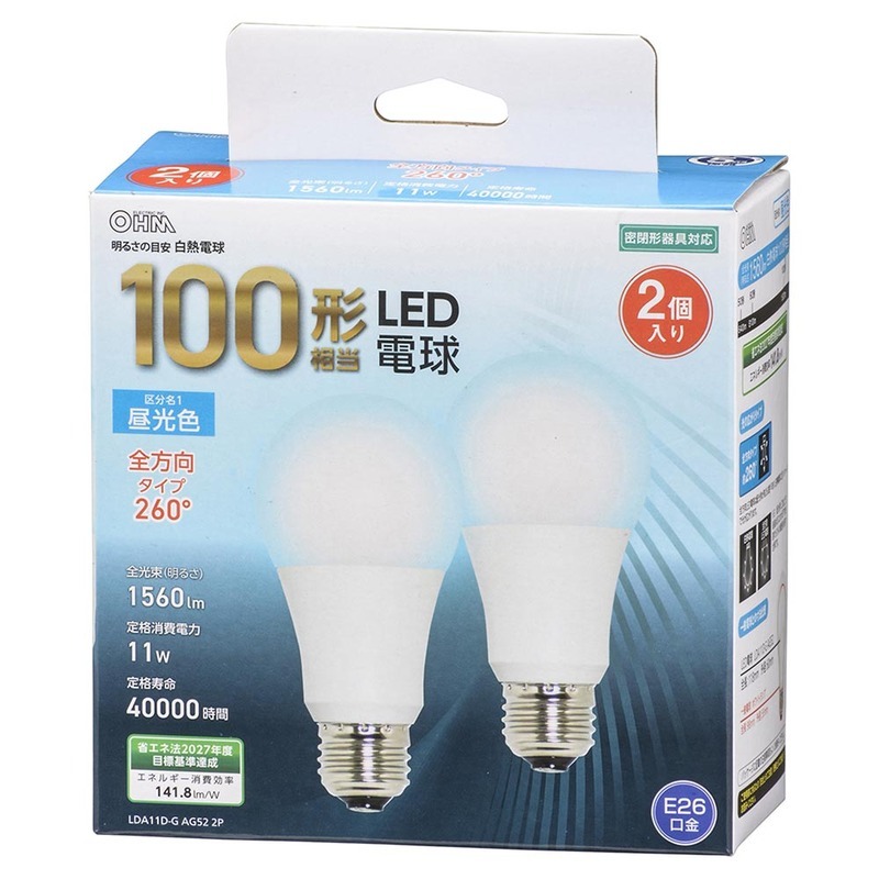 LED電球 E26 100形相当 昼光色 2個入｜LDA11D-G AG52 2P 06-4715 オーム電機_画像1
