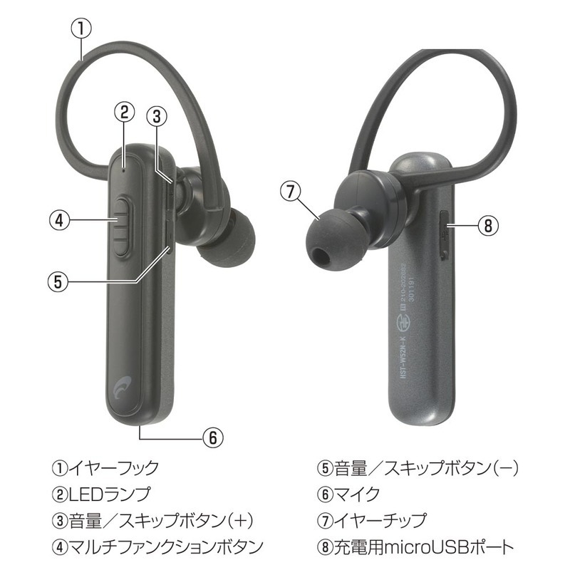 イヤホンマイク ワイヤレスイヤホン 片耳 AudioComm ワイヤレスシングルイヤホン ブラック｜HST-W52N-K 03-0420 オーム電機_画像2