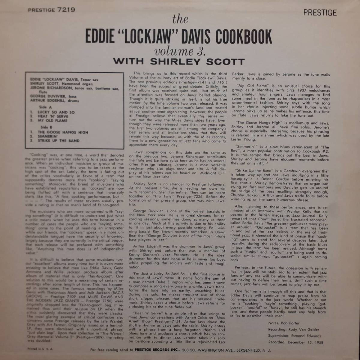 米PRESTIGE盤LP 紺ラベルRVG刻印MONO！The Eddie Lockjaw Davis Cookbook Vol. 3 with Shirley Scott 1965年 PRLP 7219 Jerome Richardson_画像3