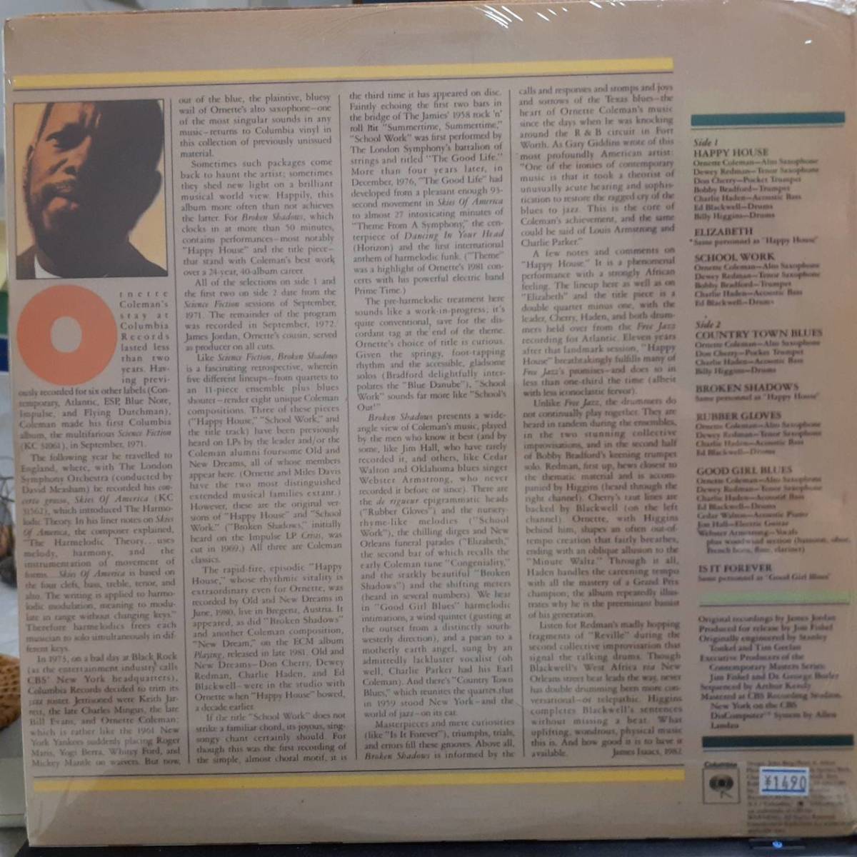 奇跡 未開封シールド！米COLUMBIA盤LP！Ornette Coleman / Broken Shadows 1982年作の90'sプレス FC 38029 オーネット・コールマン Sealed_画像2