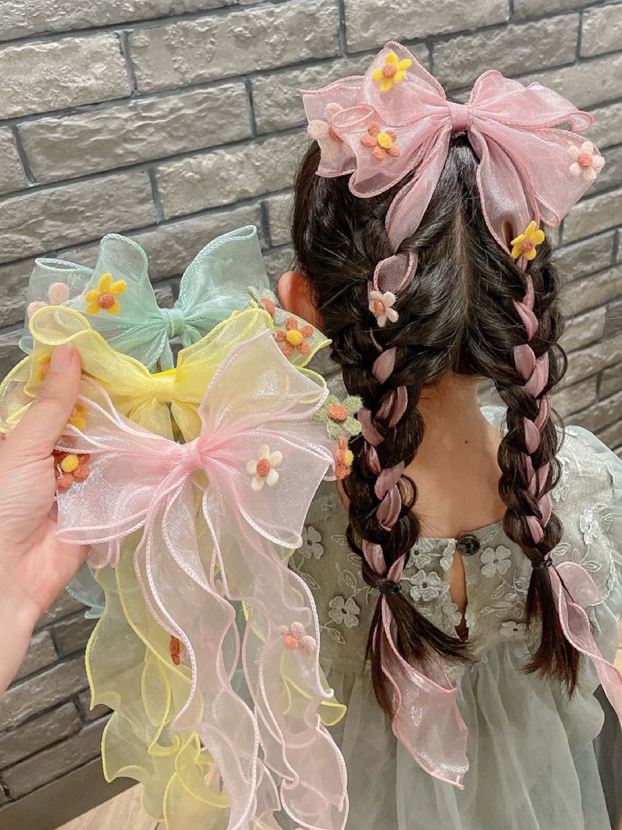 【新品】ヘアアクセサリー　グリーン系　ビックリボン　プリンセス　ピン　クリップ