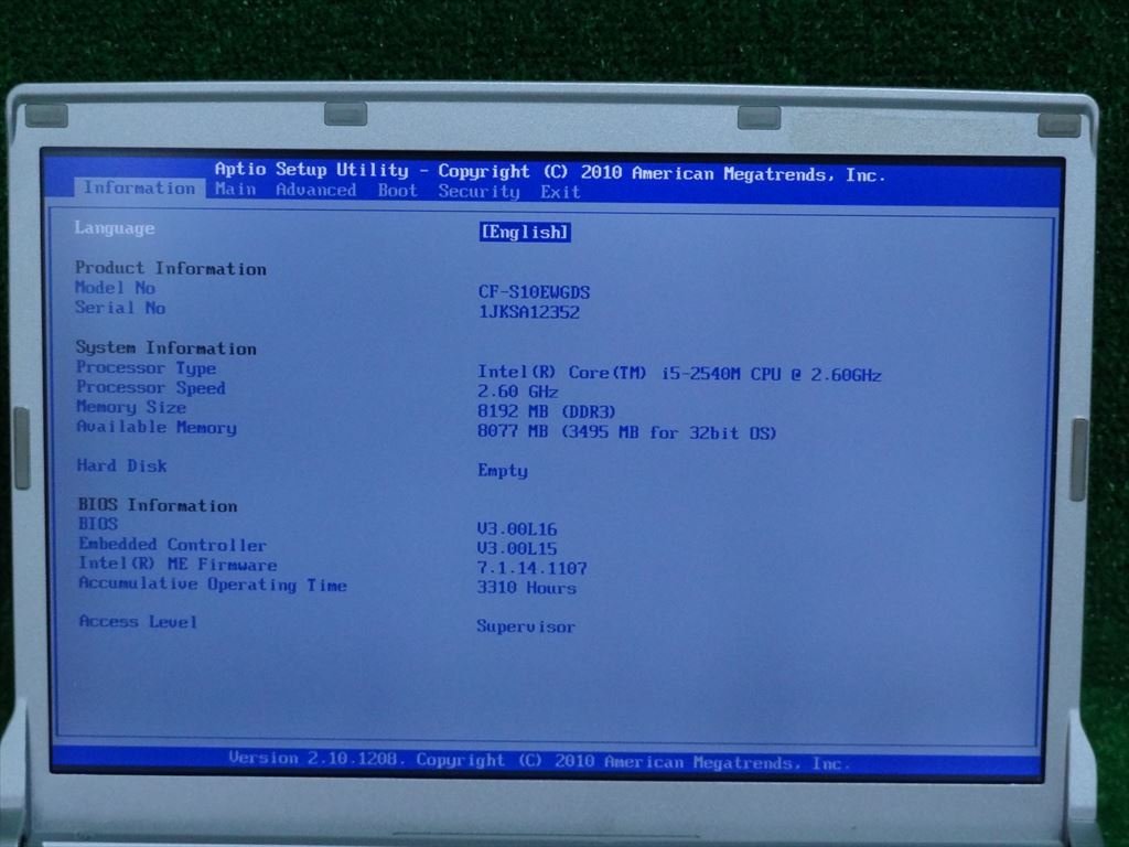 [3201]Panasonic CF-S10EWGDS Core i5 2540M 2.60GHz HDD無 メモリ8GB DVDマルチ 12.1インチ BIOS OK 難ありジャンク_画像9