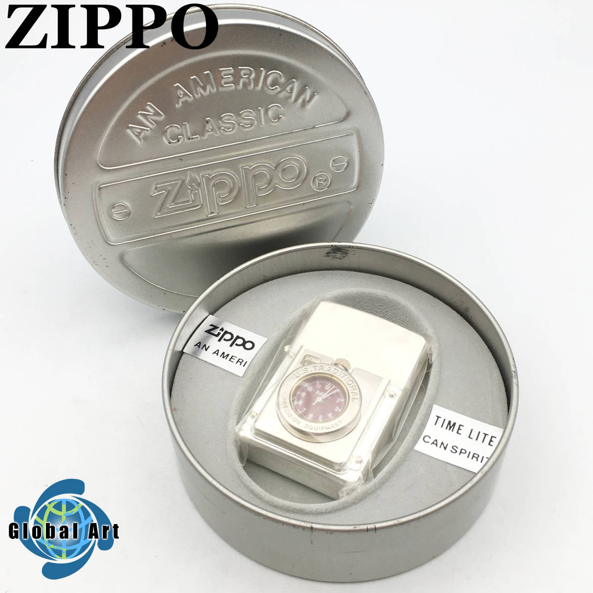 ★D05577【未使用保管品】ZIPPO ジッポー/オイルライター/U.S.TRADITIONAL PRECISION EQUIPMENT/タイムライト/時計付/1999年製/ケース付　_画像1