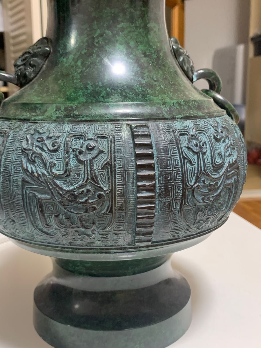 唐物◆時代物　銅製　饕餮紋　双耳大花瓶環付き