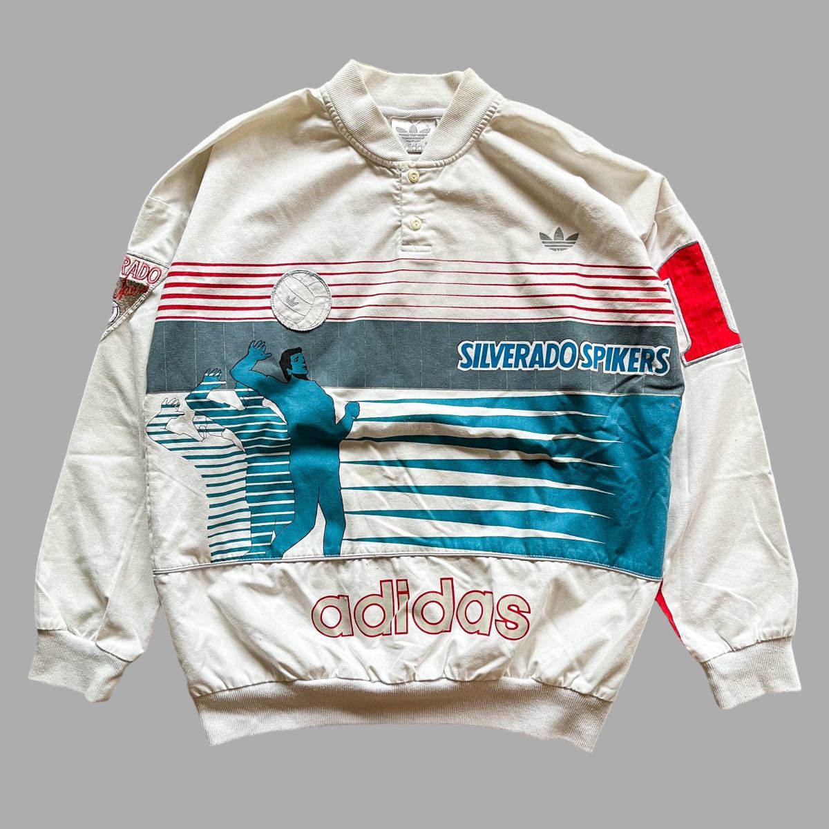 希少　90s 90年代 1990年　adidas バレー　プリント　スウェット　ヘンリーネック　プルオーバー　ヴィンテージ　ビンテージ　古着　古着卸