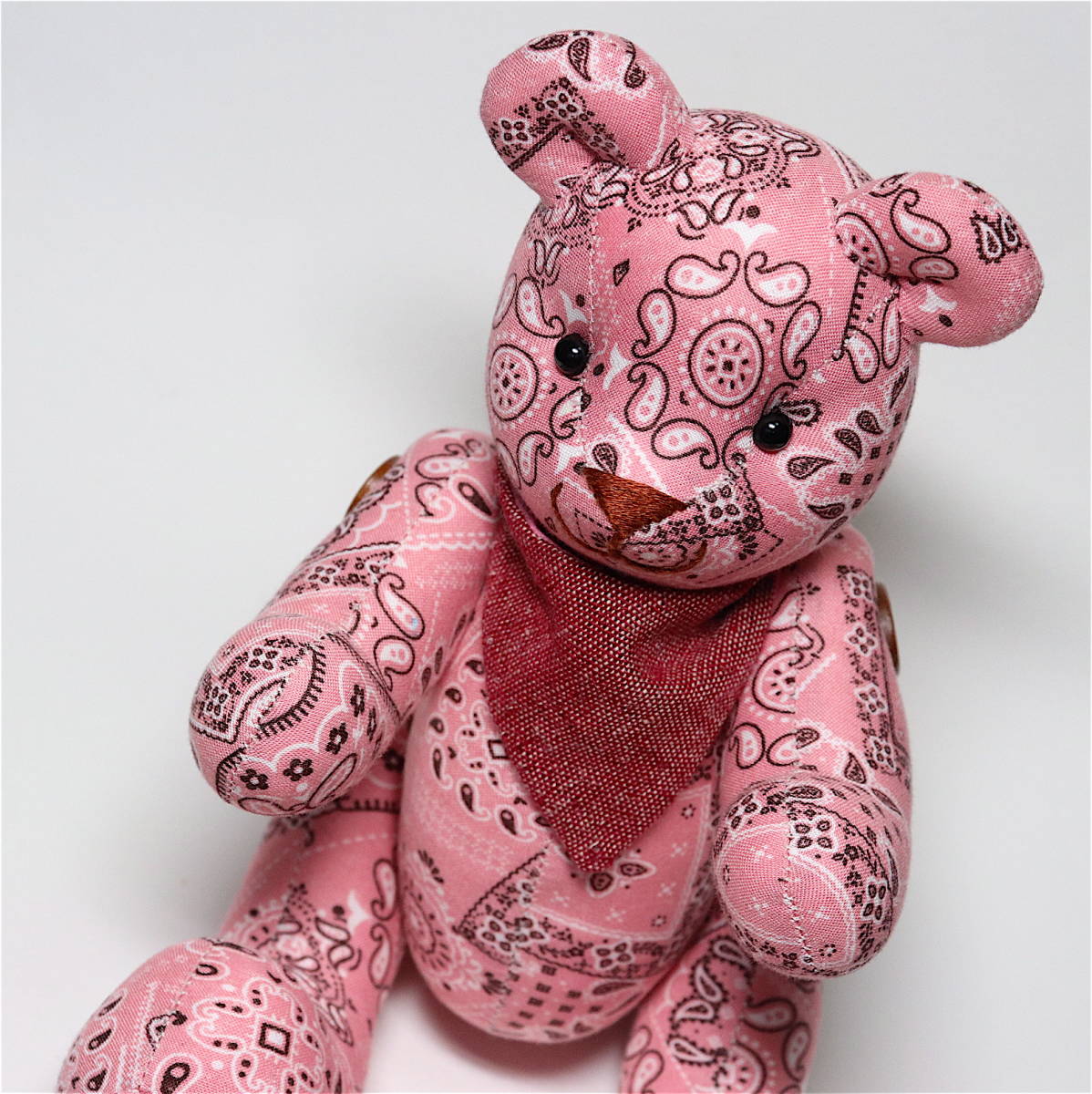 [ hand made ] bandana pattern pink cotton teddy bear handmade .. bear soft toy new goods unused 