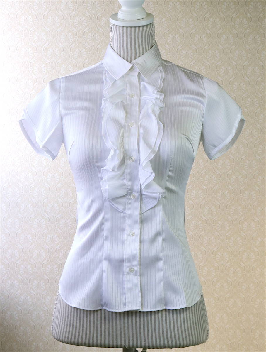[ с биркой не использовался ]S[ стоимость доставки 185 иен ] Nara Camicie короткий рукав передний . оборка блуза белый тень полоса новый товар прекрасный товар [ клик post ]