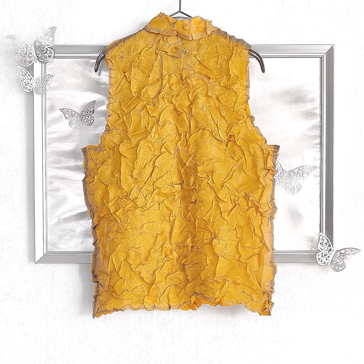美品 ヴィンテージ Vintage ブラウス シャツ ジレ ドッキング ワッシャー加工 ノースリーブ イエロー マスタード 黄色