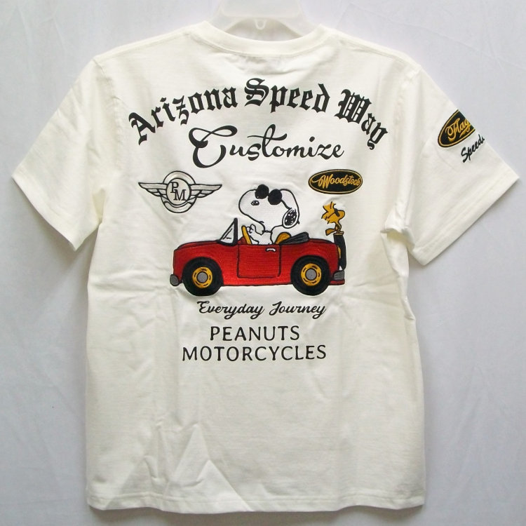 SNOOPY スヌーピーxFLAGSTAFFコラボ半袖Tシャツ 432031 ホワイト XL LL 2L アメカジ クルマ キャラクター コラボ PEANUTS