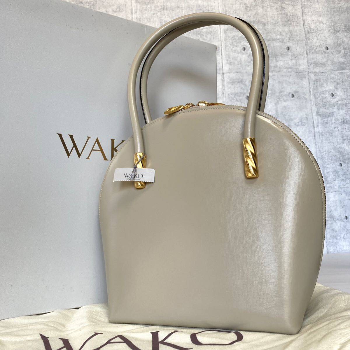 美品タグ付き】WAKO 銀座和光 カーフ ベージュ ゴールド金具 ハンドバッグ-
