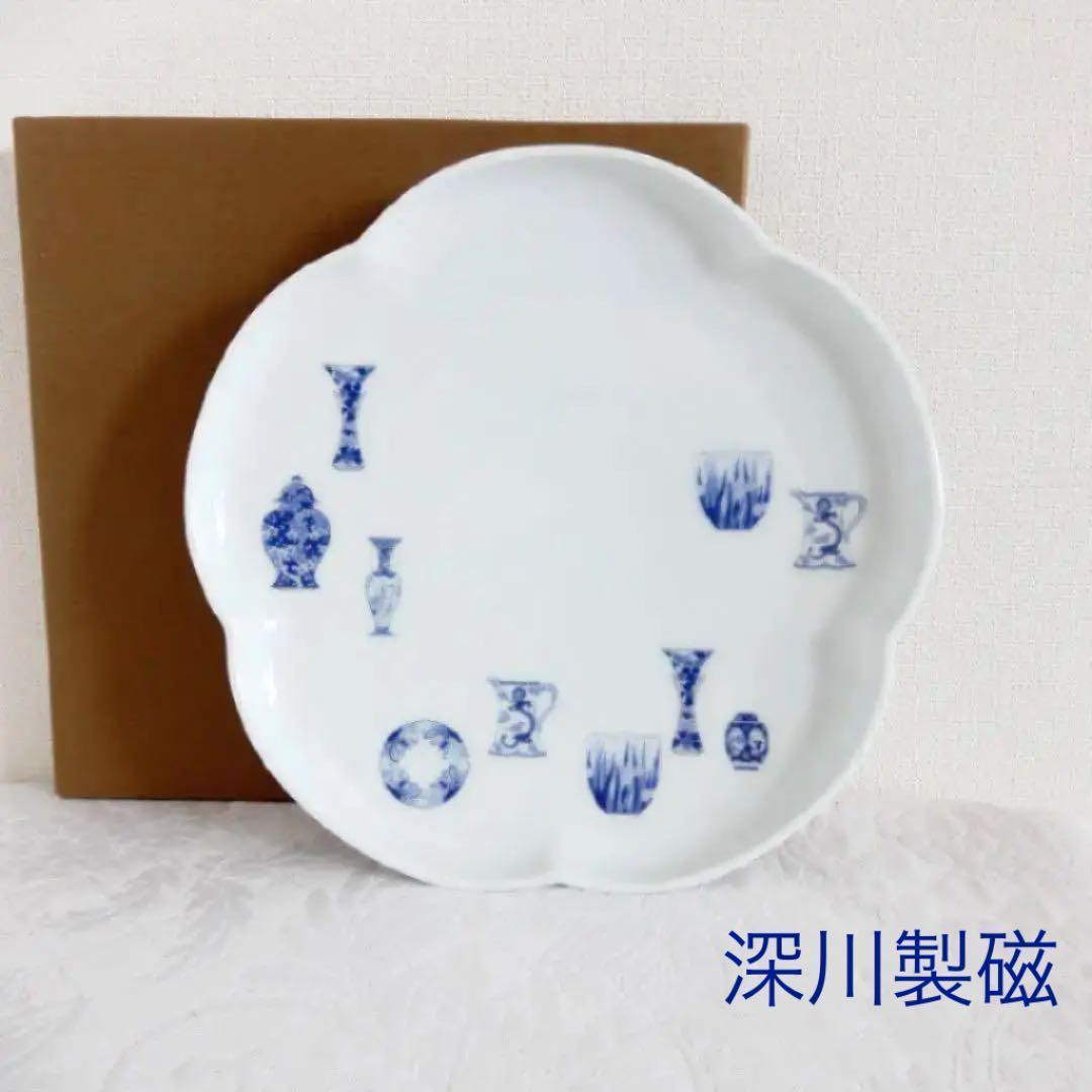 sale★送料無料★深川製磁◆ブルーチャイナ 梅型八寸皿　大皿　盛皿◆