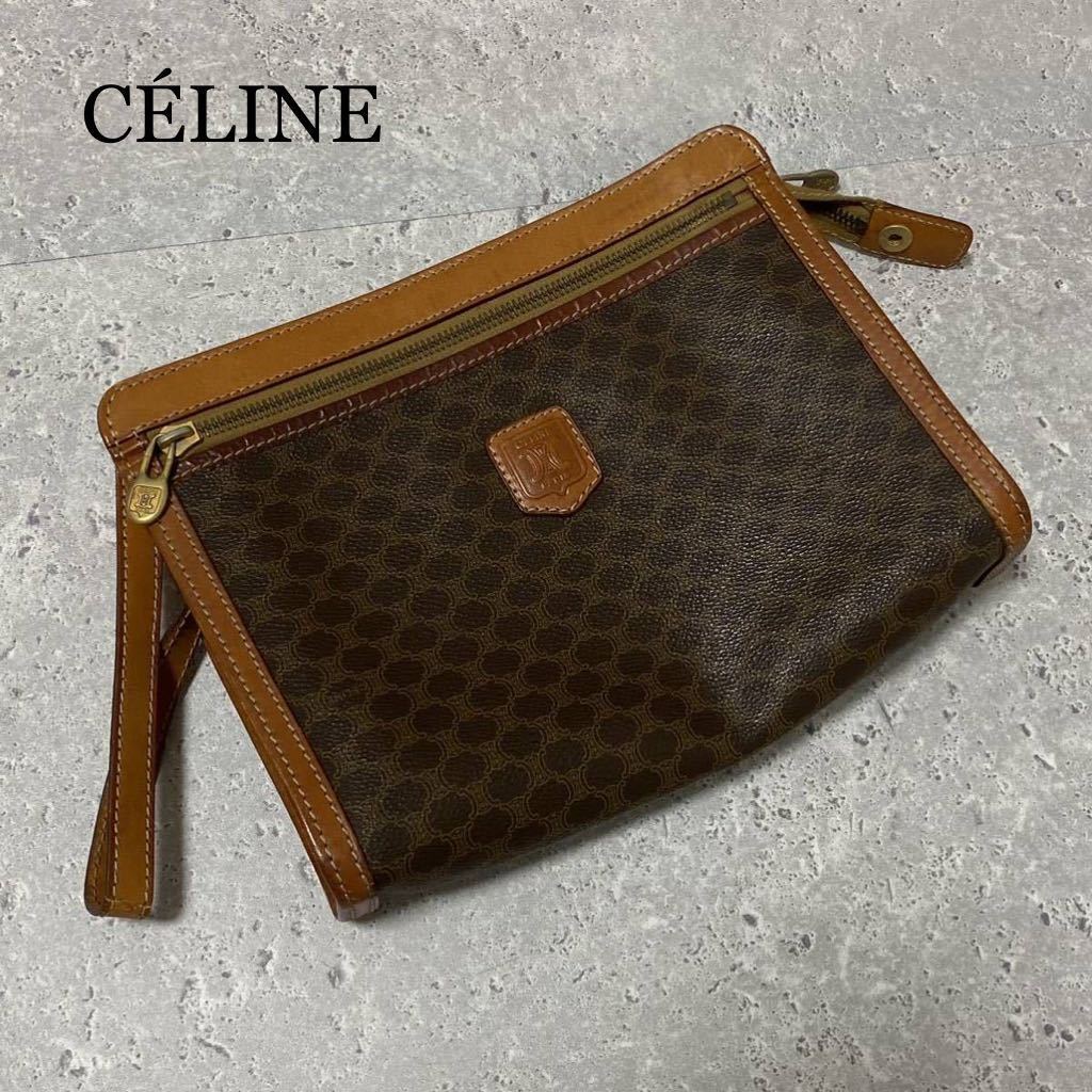 【25-201】 CELINE セリーヌ セカンドバッグ クラッチバッグ マカダム柄 レザー PVC ブラウン メンズ レディース 男女兼用 良品 匿名配送の画像1