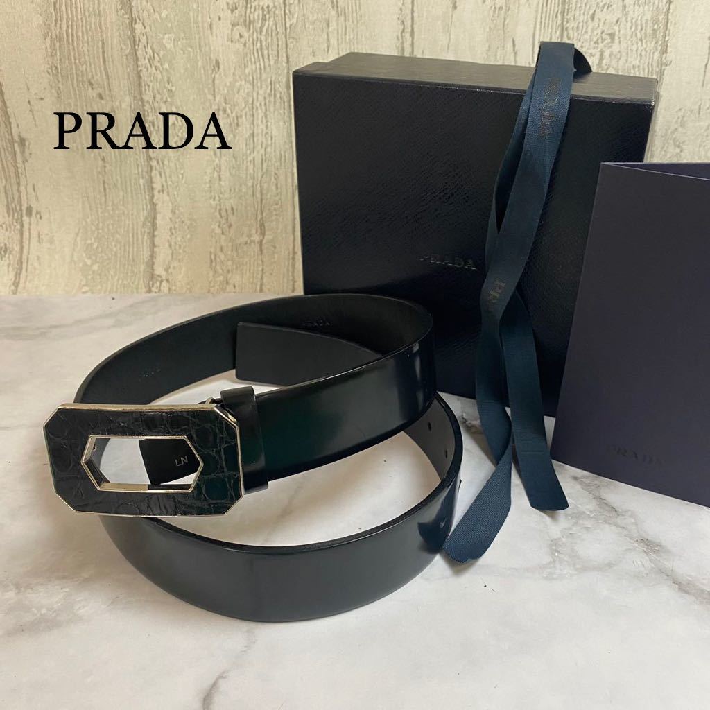 24-266】PRADA メンズベルト箱付き美品レザーベルトクロコダイルワニ革