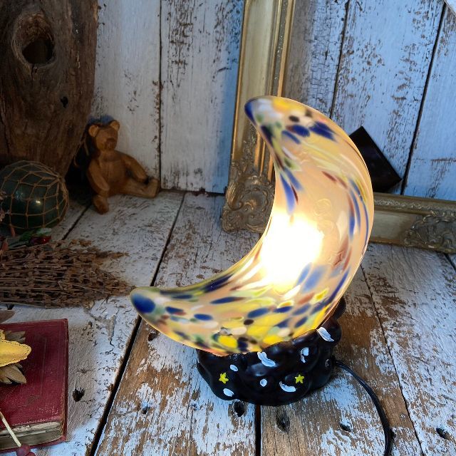 } glass shade Crescent moon stand light * glass three day month lighting lamp * marble Mill fioli style * Vintage * Vintage * old tool 