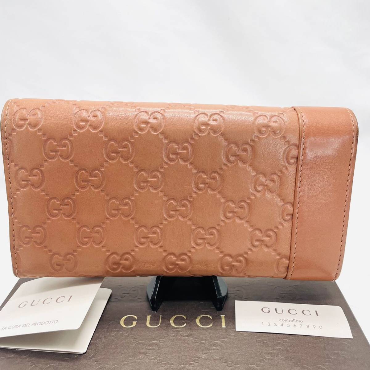 美品 GUCCI グッチ 長財布 グッチシマ レザー ピンク ゴールド金具 本