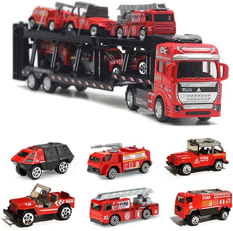 トレーラー ミニカーセット 大型トレーラー 合金製ミニカー 消防車両セット 車おもちゃ 乗せて運ぶ 男の子 女の子 贈り物