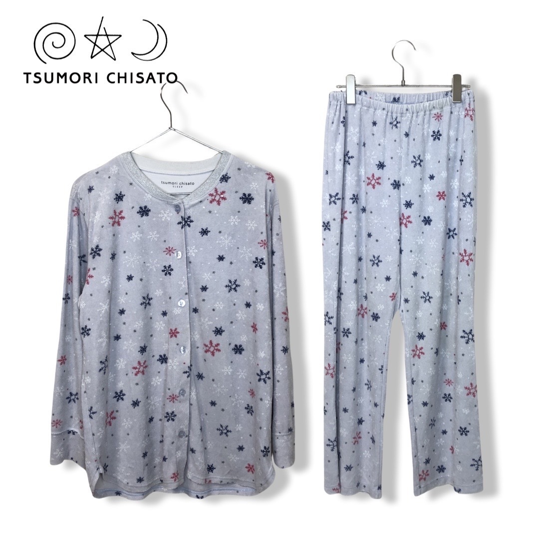 ★ツモリチサト スリープ tsumori chisato SLEEP ★総柄 雪柄 セットアップ パジャマ 前開き size L 管:D:06_画像1